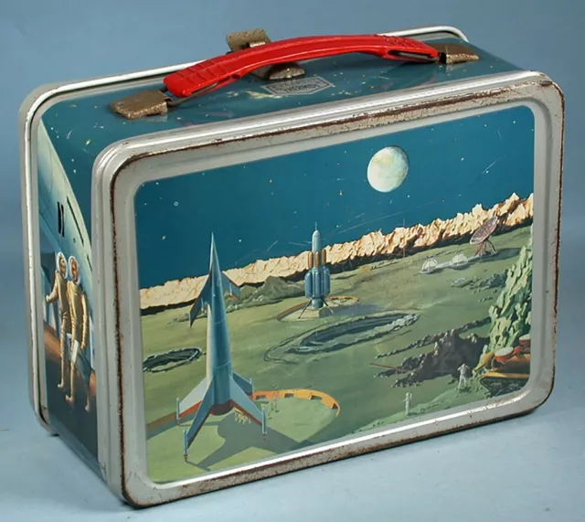 1958 OUTER SPACE Thermos LUNCH BOX Rocket,Moon,Satellite,Station