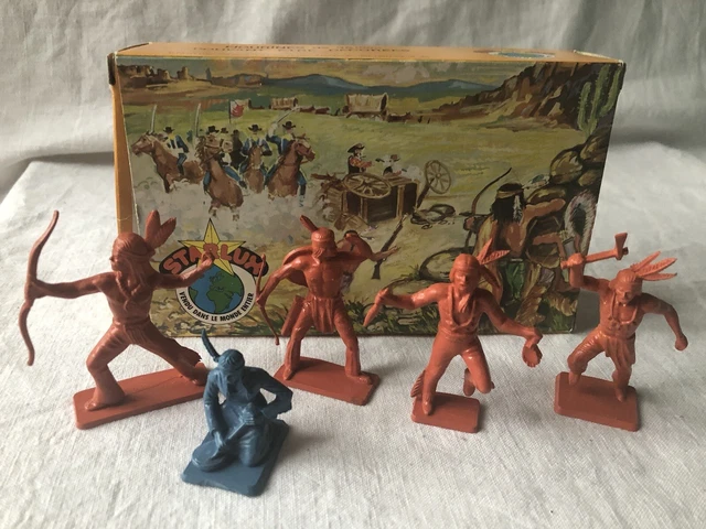 Lot De Figurines Starlux - Indiens Sur Socles Ocre - Western Far West Vintage