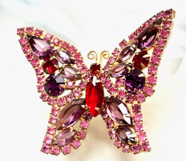 Vintage High End Pink Purple Fuchsia Open Rhinestone Butterfly Brooch Glamour