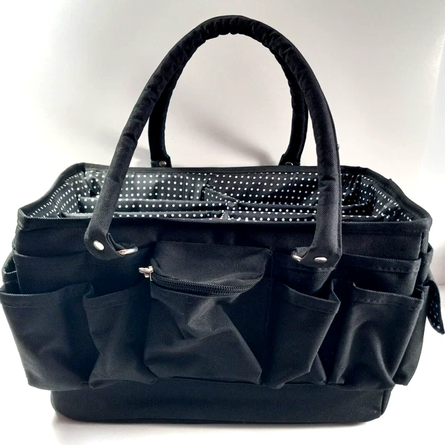 Bolso de Mano Organizador Artesanal Arte Costura Organizar Puntos Negros y Poka ¡TANTOS Bolsillos!