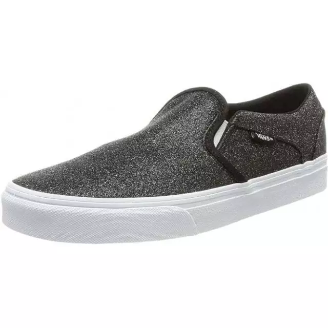 VANS WOMENS ASHER Party Glitter Black Slip On Trainers Shoes