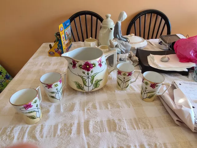 ANTIQUE Nippon Hand Painted Tea Lemonade Set Pink Floral Gold