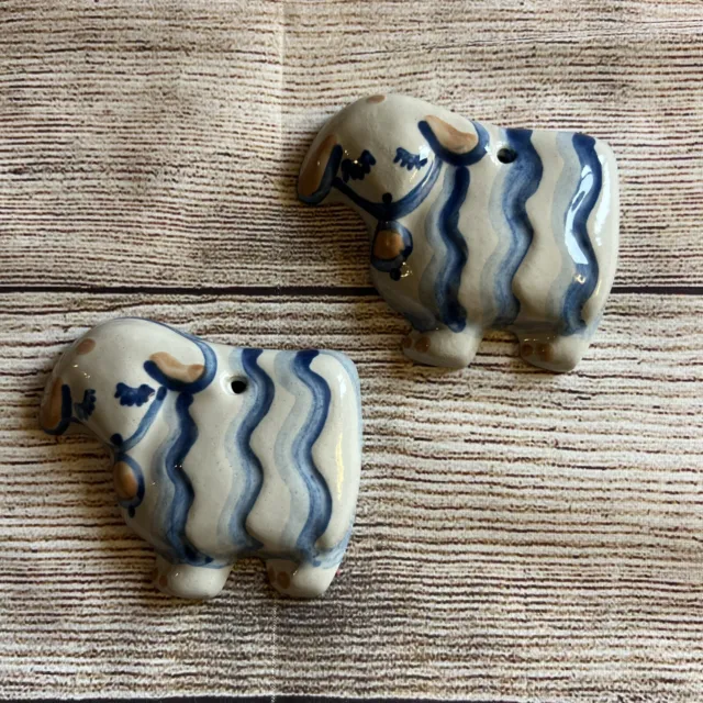 Vtg Pair 2 MA Hadley Pottery Lamb Sheep Ornament Wall Hanging Blue White 4x3”