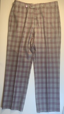 J HILBURN 100% Wool Plaid Purple Gray Dress Pants Sz 35 x 31 Freshly Dry Cleaned