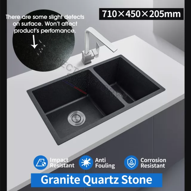 Opened Granite Stone Double Bowl Kitchen Sink Top/Flushmount Black 710x450x205mm