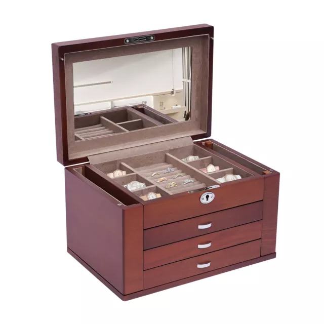 Large Jewelry Organizer Wooden Storage Box 5 Layers Case W/ 4 Drawers & Mirror