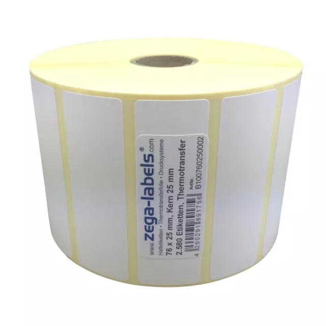 Thermotransfer Etiketten Rolle - 76 x 25 mm - 2.580 Stück Kern25 mm Zebra GK420T