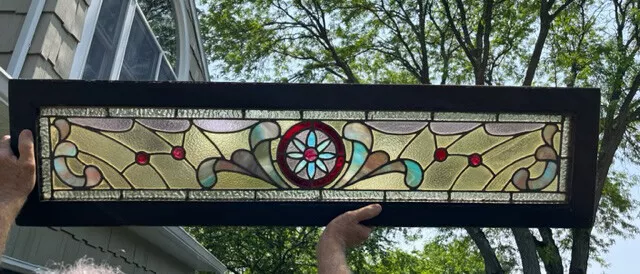 Antique VICTORIAN STAINED LEADED GLASS TRANSOM  W/ JEWELS (48")