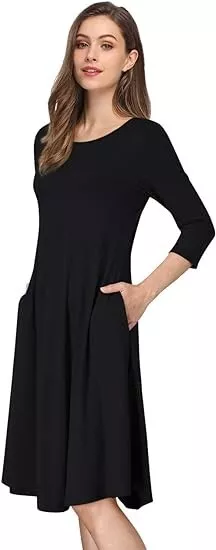 Women's Dress UK 8 - 10 Black Scoop Neck A Line Summer 3/4 Sleeve Flowing Skirt