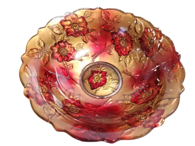 Antique Goofus Glass Red & Gold WILD ROSE Floral 9" Scalloped Bowl Early 1900s