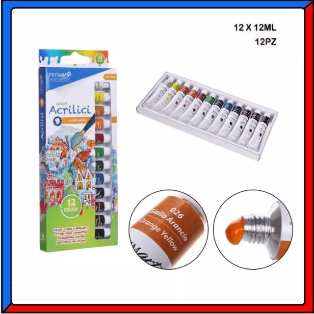 KIT SET 12 Colori Tubi 12ml Vernice Acrilica Acrilici per Pittura Dipingere Tela