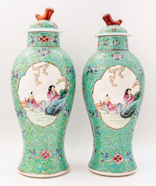 Pair of Chinese Porcelain Vases Lid Famille Rose PRC Late Republic Marks 20th C.