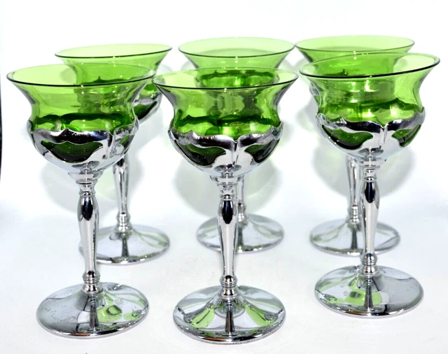 FARBER BROS Krome Kraft Cambridge Cocktail Cordial Glasses Green Long Stems 6pc