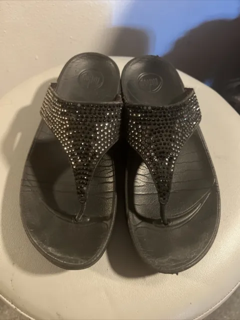 Women’s FitFlop Sandals Black Embellished Sparkle Shoes Size 9(?) Slip On Wedge
