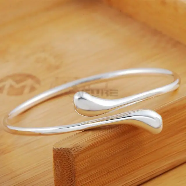 Premium Quality 925 Sterling Silver Double Round Teardrop Bangle Cuff Bracelet