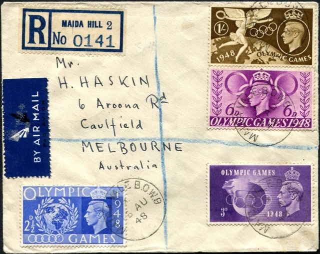1948 UK OLYMPIC Games Set Of 4 Registered First Day Cover To Melbourne 
