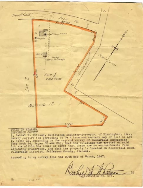 Vintage 1947 Land Survey Map - Jefferson County, Alabama USA ~Hand Signed~