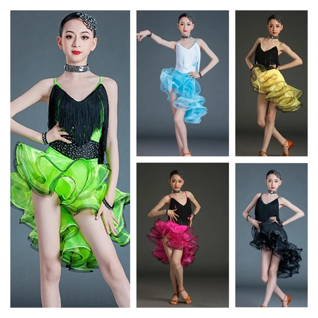 Bambina Nappa Ruffles Vestito Costume Latino Irregolare Danza Frangia Rete