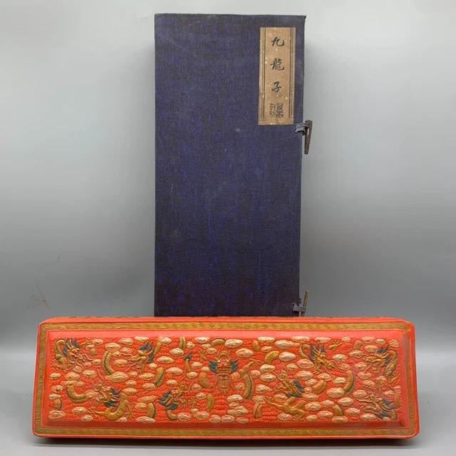 13.6″ old cinnabar Ink block carved gilt Vivid Dragon statue Vermilion Ink Stick