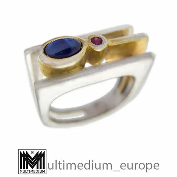 Modernist Silber vergoldet Ring Saphir Rubin sterling silver gilt