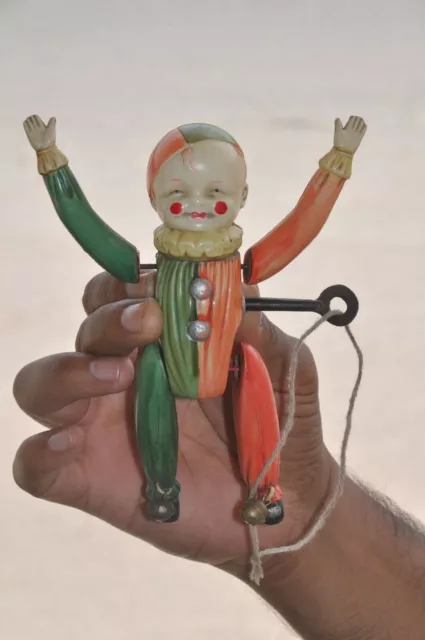 Vintage Wind Up Colorful Celluloid Acrobet Clown/Joker Toy,Japan