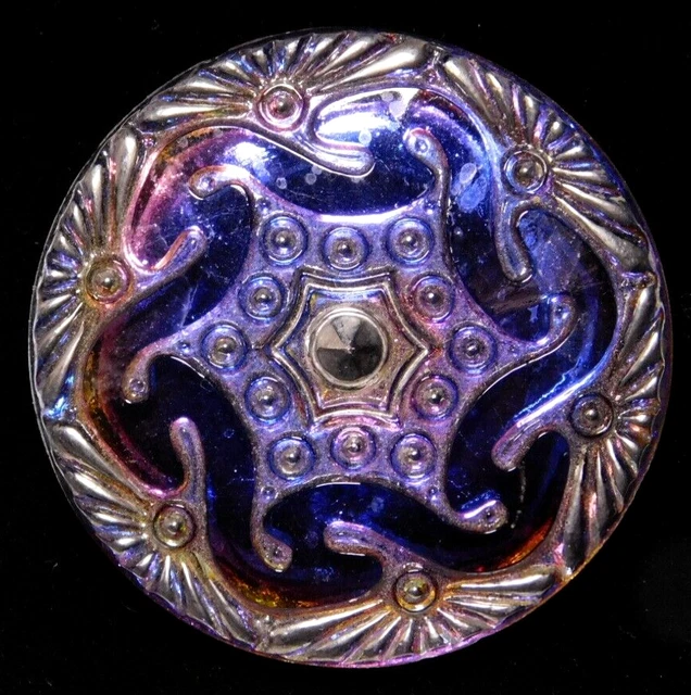 Large Antique Vtg Lacy Glass Style BUTTON in Purple Pink & SilverNICE #J1
