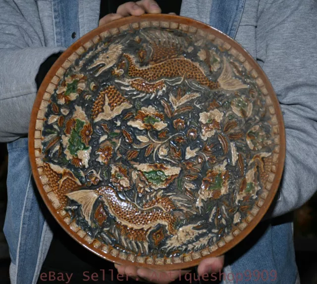 12.4" Old Chinese Tang sancai Porcelain Dynasty Palace Flower Dragon Bowl Dish