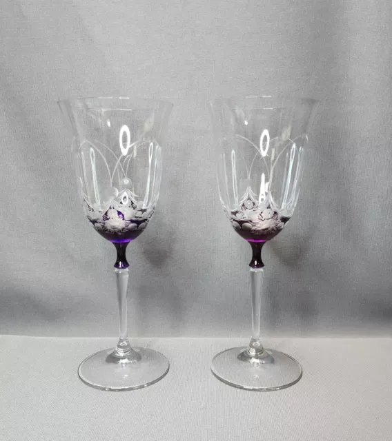 Bohemia Royal Crystal Amethyst Purple Cut-to-Clear Wine Glasses Etched Goblets