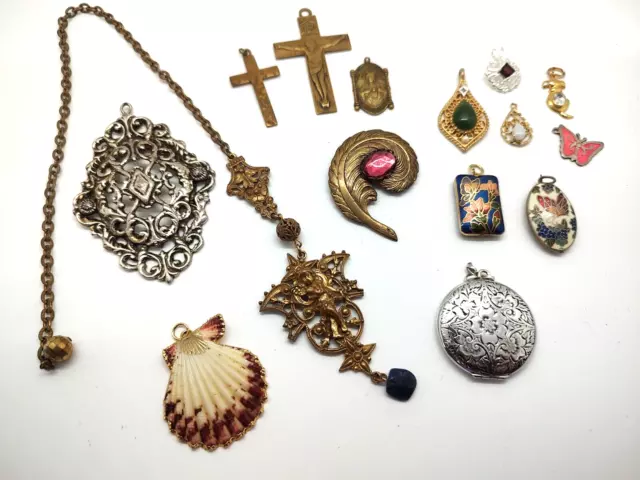 Lot 15 Pendants Cloisonne Sterling Canviness Locket Religious Jeri Lou Shell