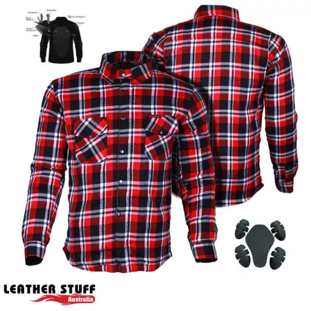 Motorcycle Cotton Flannel Shirt LINED with DuPont™ KEVLAR® CE armour White/Red