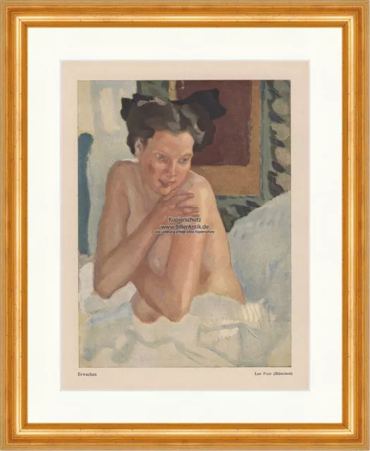 Erwachen Jugendstil Leo Putz Akt Frau Bett Georg Hirth Jugend 1929 Gerahmt