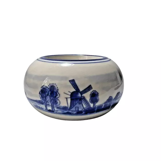 Hand Painted Delft Blue Tea Light Candle Holder Blue White Holland Windmill Boat