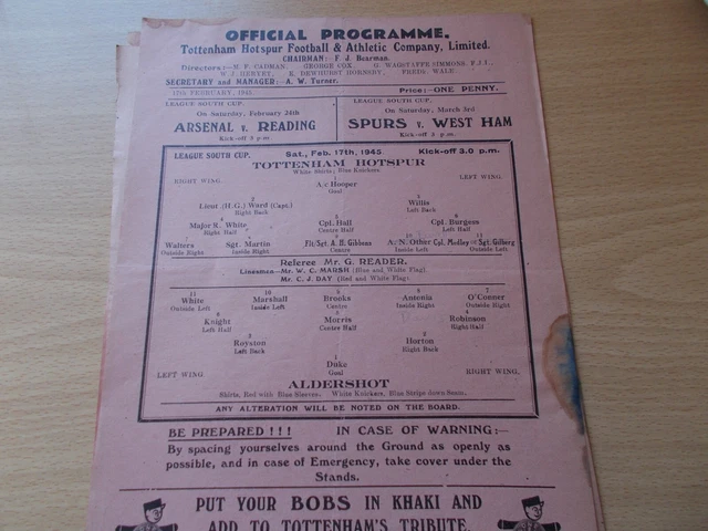 Tottenham v Aldershot Lge South Cup programme dated 17-2-1945   (ToT023)