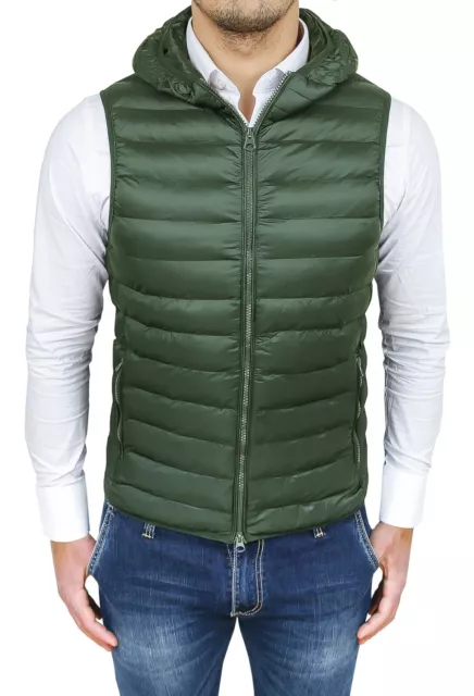Piumino smanicato uomo slim fit verde gilet giubbotto bomber con cappuccio