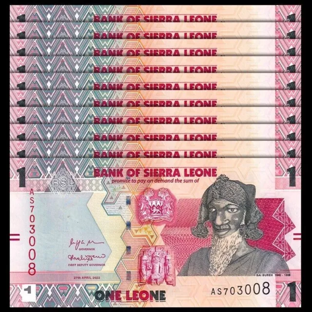 Lot 10 PCS, Sierra Leone 1 Leone, 2022, P-34 New, UNC revalued banknote