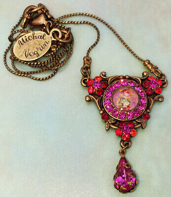 Michal Negrin Necklace Fuchsia Red Delicate Rose Cameo Crystal Victorian Pendant
