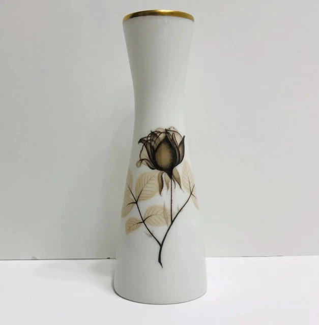 Vintage MCM Rosenthal Raymond Loewy Shadow Rose Bud Vase Gold Trim Germany 4”