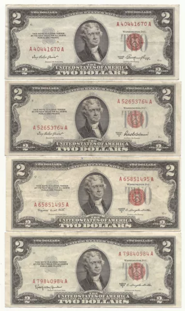 (4) 1953 $2 Two Dollar Bill Red Seal United States Note 1 From Each Series VG/F