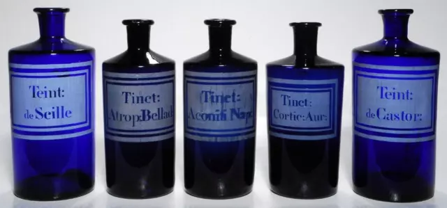 5 French Cobalt Blue Hand Blown Apothecary Pharmacy Bottles - late 1800s.