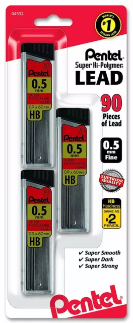 C25BPHB3K6 Pentel Super Hi-Polymer Lead Refill, 0.5mm HB, 90 Pieces of Lead