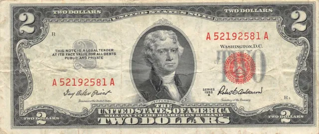 USA  $2  Series  1953 A  Block A - A  Red Seal  Circulated Banknote  Jj