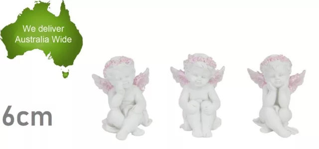 3pcs 6cm Sitting Cherub Pink Glitter Angel Ornament Statue Figurine Sculpture
