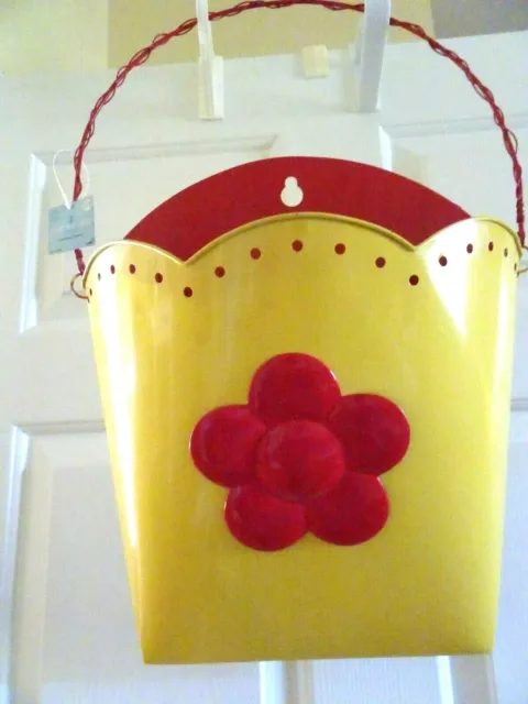 Garden Gate Metal Wall Pocket-Yellow/Red-Handle And Hook-Nwt!-Planter-Country