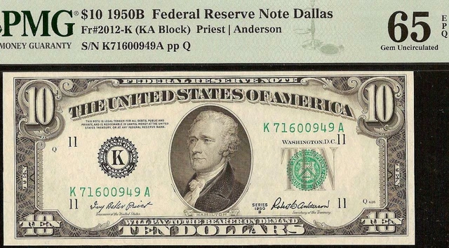 GEM 1950 B $10 DOLLAR BILL DALLAS FEDERAL RESERVE NOTE Fr 2012-K PMG 65 EPQ