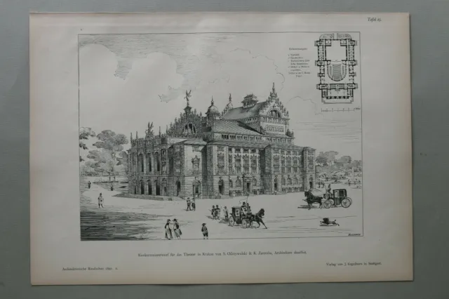 AR91) Architektur Krakau 1891 Konkurrenzentwurf Theater Treppe Holzstich 28x39