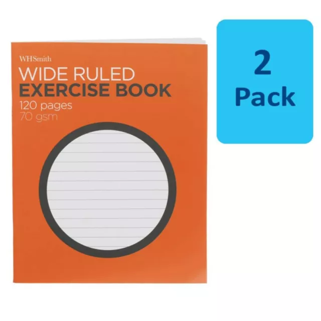 2 x WHSmith Medium Wide Ruled Exercise Book 120 White Pages 70gsm