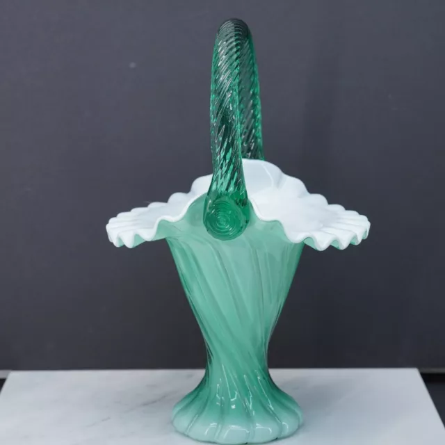 Fenton Spiral Optic Glass Basket Aquamarine Green Rope Like Handle Ruffled 10.5” 3