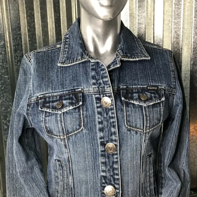 Squeeze Denim Jean Jacket Medium Stone Wash Blue Long Sleeves Size M