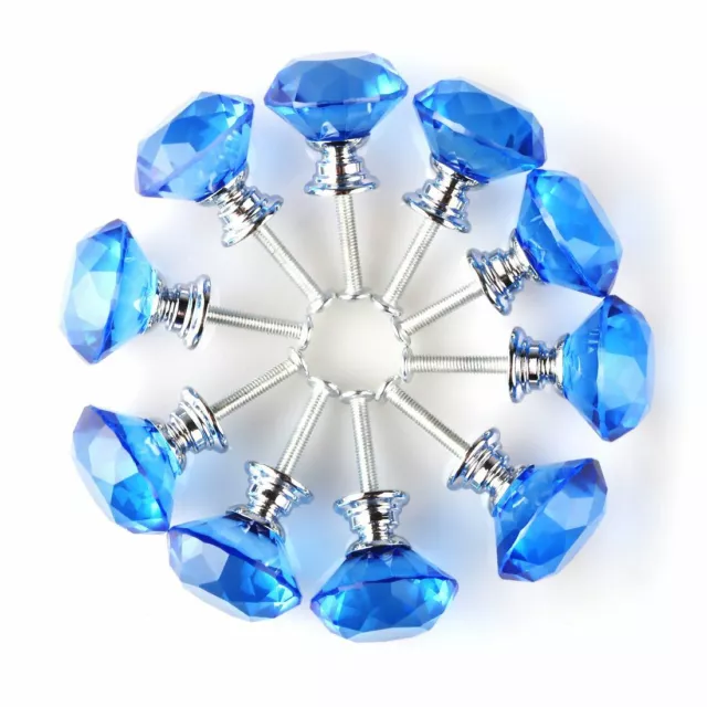 10 Pcs Glass Clear Door Cabinet Drawer Knobs Handles Pulls Diamond Crystal Blue