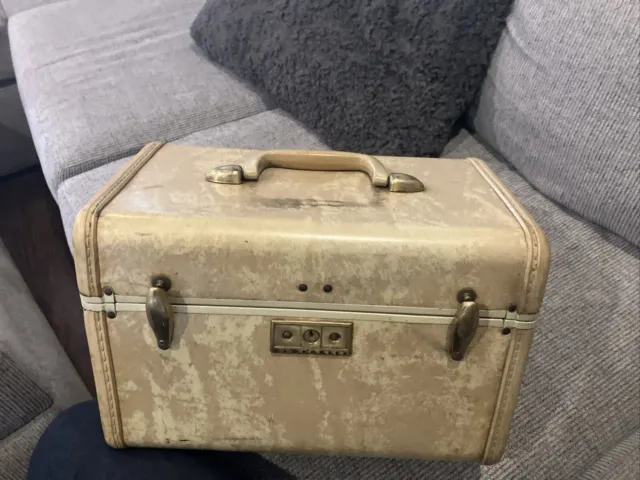 Samsonite Streamlite Marble Tan Hard Shell Vanity Luggage 1950’s Train Case